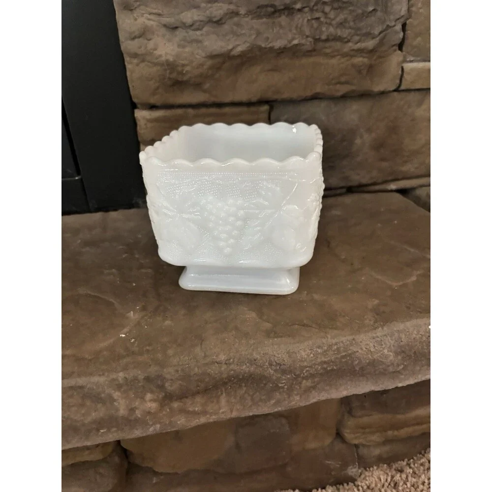 White Milk Glass Grape Decor Collectible Planter Candy Dish 4 Inch Square VTG